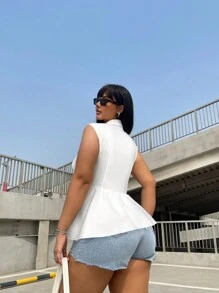 Flirla 大碼女士時尚純色無袖上衣，A字型剪裁 - 白色 - 查看 3