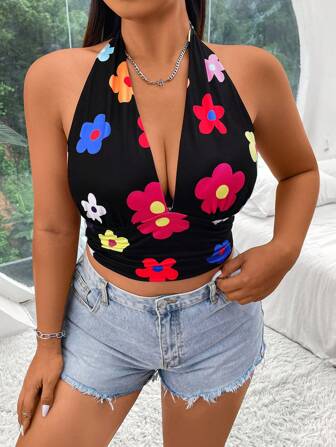 SHEIN EZwear Haut de cou Y2K imprimé floral pour les femmes de grande taille pour les vacances