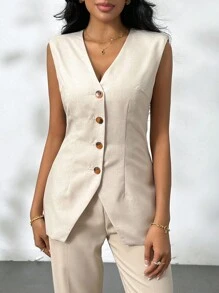 SHEIN Privé Prenda exterior para mujeres de color caqui con cuello en V y anchos hombros - Caqui - Ver 8