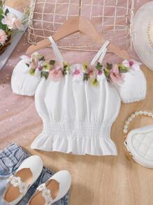 SHEIN Young Girls Summer Dress Embroidered Princess Dress Cold Shoulder Suspender Dress Tutu Wedding Flower Girl Dress  And Elegant Holiday Dress