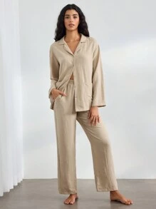 Ocili 休闲女士舒适休闲纯色套装，时尚假日季 - 卡其色 - 查看 3