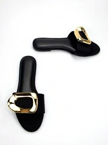 女式時尚金色五金扣裝飾黑色萊卡材質舒適圓頭平跟拖鞋，適合日常穿著