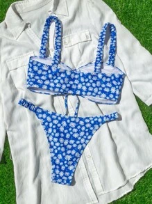 Swim Mod Women Bikini Sets Kolor Frill Bunga Plants bunga ditsy All Over Print Random Print Lucu - Biru - View 2