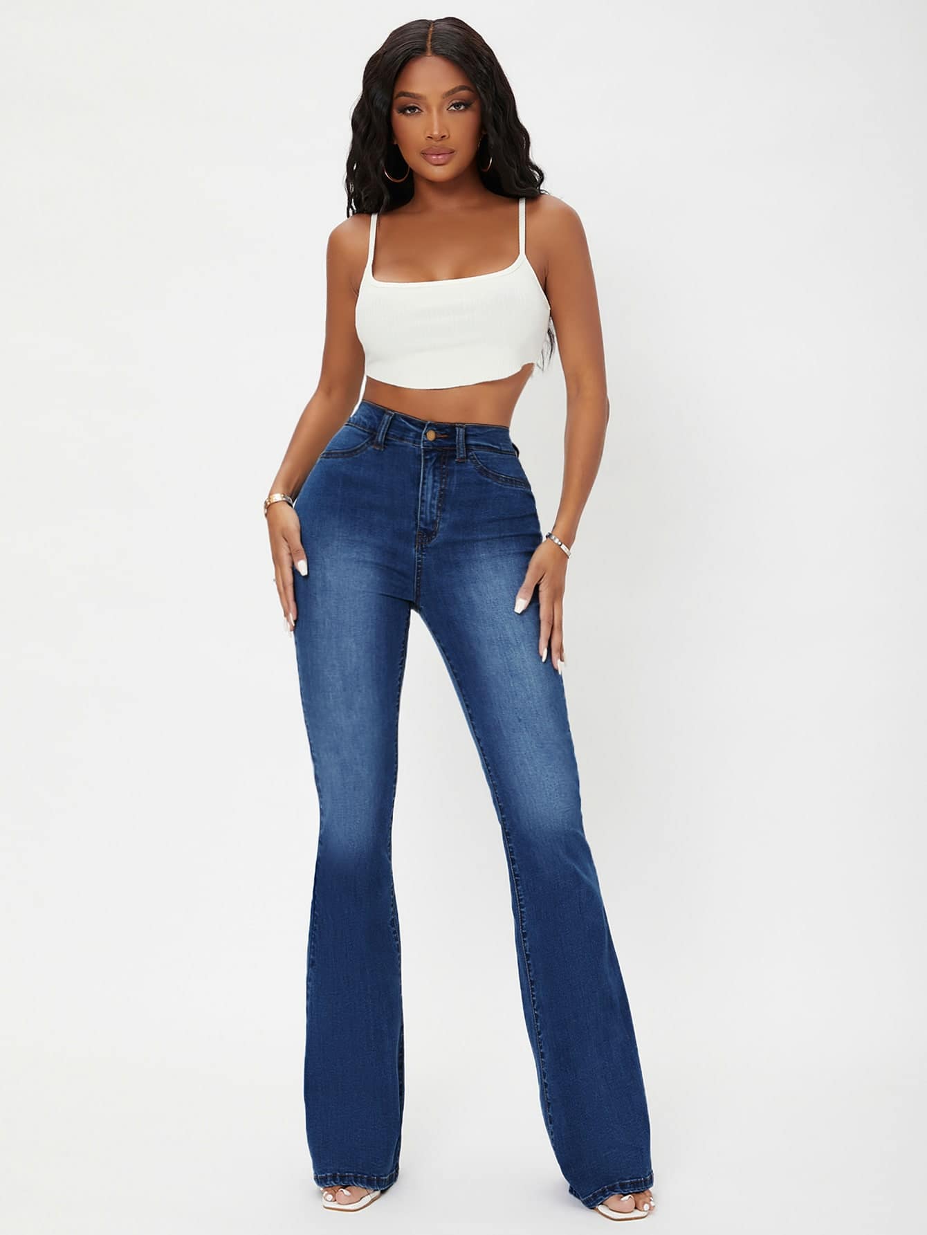 SHEIN SXY High Waist Flare Leg Jeans - Dark Wash - View 1