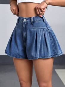 SHEIN EZwear Quần short denim mùa hè thời trang cho nữ - Rửa trung bình - Xem 5