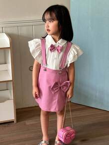 SHEIN Nuevo conjunto de camisa blanca de estilo universitario simple de verano y falda con tirantes para niña joven - Rosa - Ver 4