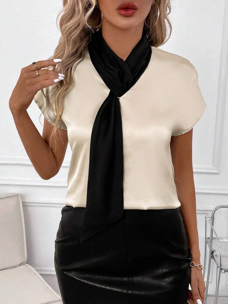 Color-Block Necktie Elegant Short-Sleeved Shirt For Summer