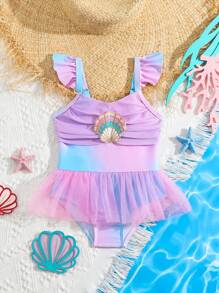 Baby Girl Mesh Contrast Ruffled Swimsuit - Mauve Purple - View 1