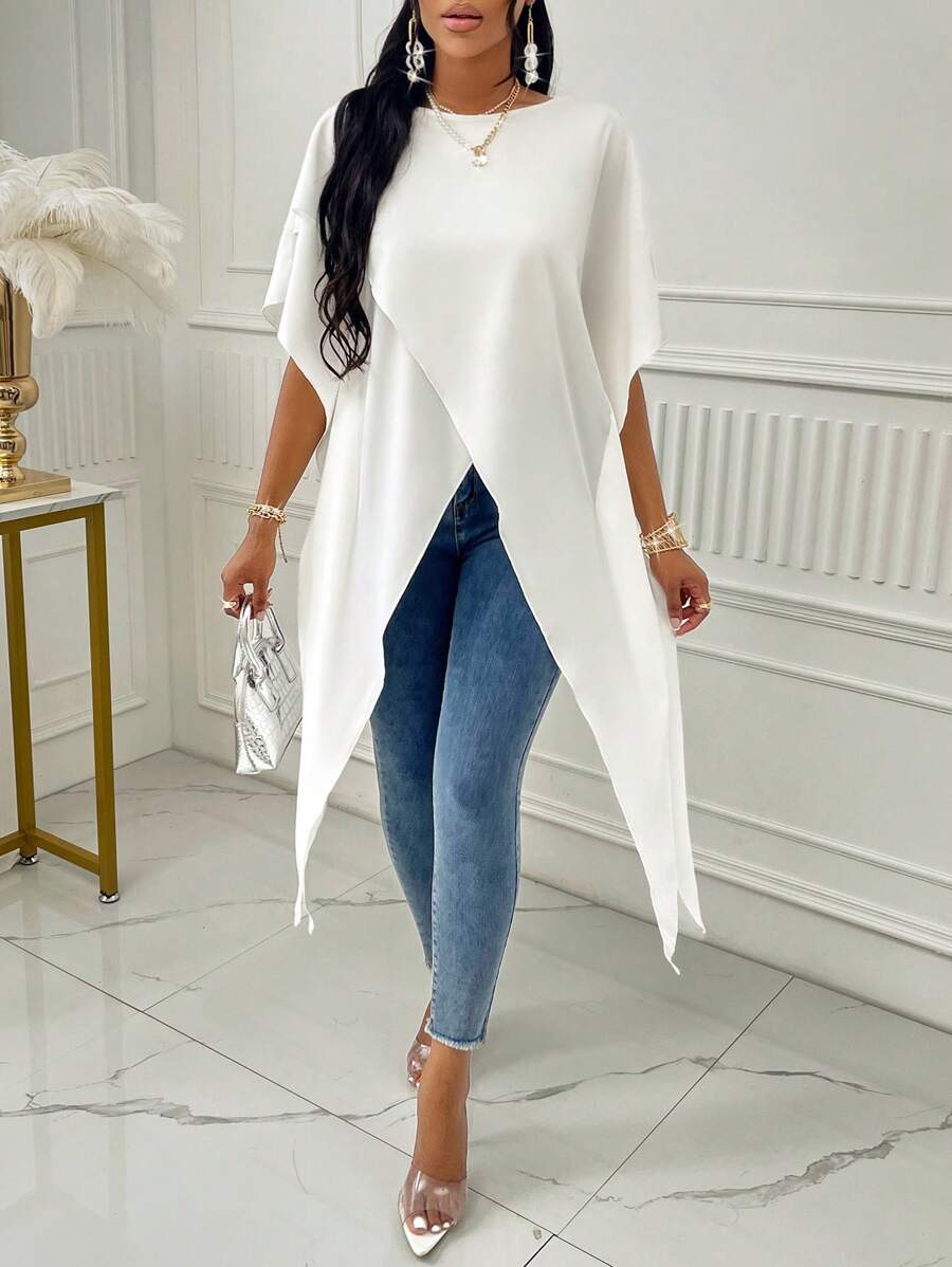 SHEIN LUNE Blusa unicolor cruzado delantero de manga murciélago bajo asimétrico - Blanco - Ver 1