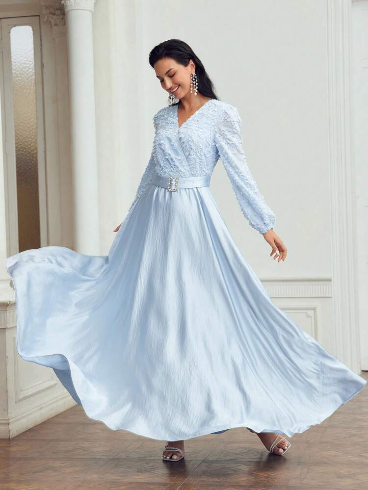 SURPLICE NECK JACQUARD FLOWER APPLIQUE BODICE BUCKLE BELTED DRESS