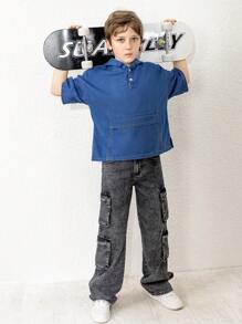 Tween Boy Solid Color Hooded Casual Denim Jacket With Pockets - Medium Wash - View 4