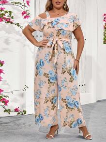 SHEIN Clasi Plus Size Women's Holiday Style Floral Printed Jumpsuit With Ruffle Sleeves - Dusty Pink - View 2