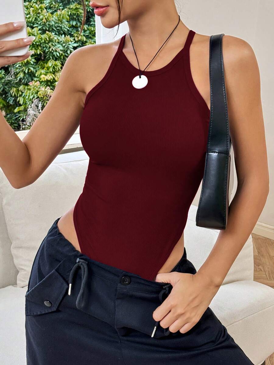 SHEIN EZwear Bộ đồ liền thân có dây đeo mỏng vừa vặn màu trơn - Màu Đỏ Sâu - Xem 1