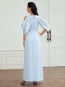 MOTF PREMIUM SOLID COLD SHOULDER FOLD PLEATED DRESS WITH BELT