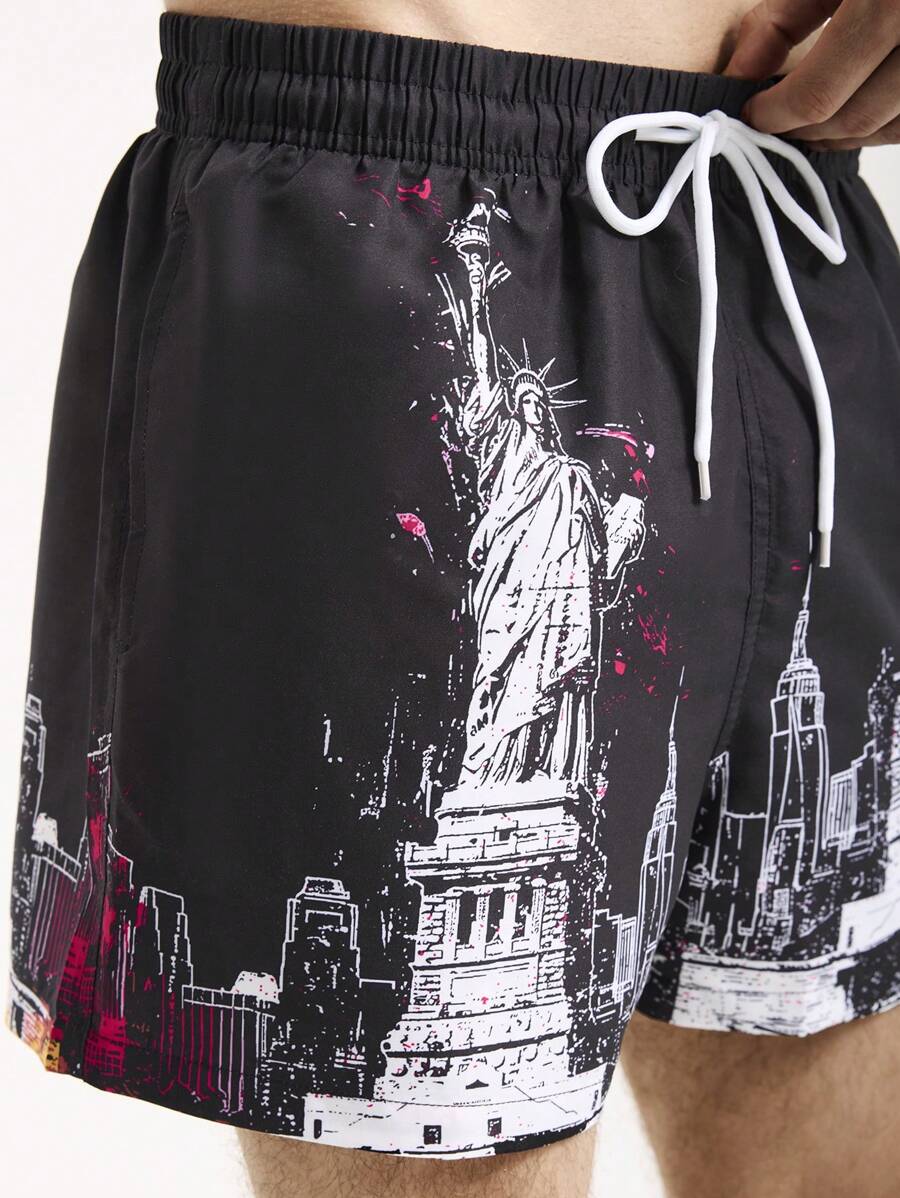 Surfspeed Pantalones cortos de playa sueltos para hombre con cintura ajustable con cordón y estampado de la estatua de la libertad