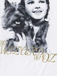 The Wizard of Oz X SHEIN Koszulka z nadrukiem portretowym dla dziewczynki w wieku nastoletnim, z okrągłym dekoltem i krótkim rękawem, w kolorze białym