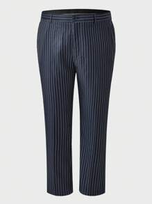 Calvornis Plus Size Men's Stripe Suit Jacket With Notched Lapel And Suit Pants, Business Trip Suit - Blue - View 3