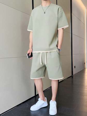 Men's Contrast Color Round Neck Short Sleeve Casual T-Shirt And Drawstring Waist Shorts Set, Summer, Cozy Outfits