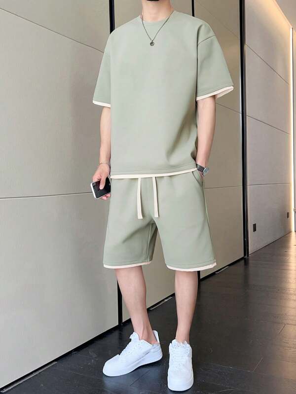 Ensemble de t-shirt décontracté pour homme à encolure ronde à manches courtes à couleurs contrastantes et short à cordon de serrage à la taille, été