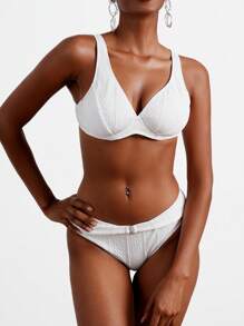 SHEIN Swim Summer Ladies Vacation Plain Textured Bikini Set With Underwire