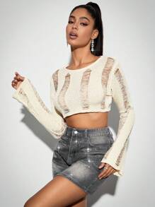 SHEIN BAE Shape Cream Ladder Detail Knit Flare Sleeve Crop Sweater