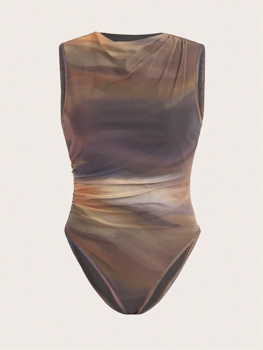 SHEIN Essnce 女式夏季水洗染打褶領無袖連體衣，帶細肩帶休閒裝 - 棕色 - 查看 1