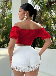 SHEIN SXY Holiday Summer Seaside Resort  One-Shoulder Women's T-Shirt With Puff Sleeves And Ruffles Tied In The Front