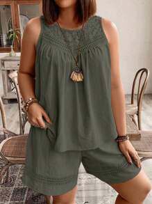 Plus Size Solid Color Hollow Out Sleeveless Top And Shorts Summer Holiday Casual Set - Army Green - View 3