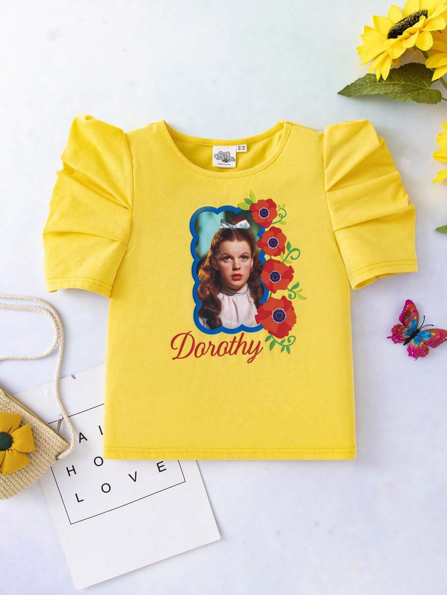 The Wizard of Oz X SHEIN Tween Girl Gigot Sleeve Round Neck Knitted Tee - Yellow - View 1