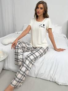 純色字母和心形短袖上衣，搭配格子印花褲子的睡衣套裝 - 米色 - 查看 4