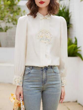 24 Spring Stand Collar Long Sleeve Tang Shirt With Glossy Appearance And Pleated Design
