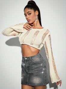 SHEIN BAE Shape Cream Ladder Detail Knit Flare Sleeve Crop Sweater