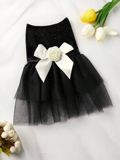 PETSIN Black Mesh Sequined Rose Bowknot Pet Dress For Cats And Dogs