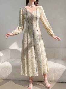 Modelyn 女式优雅灯笼袖碎花中长款收腰连衣裙，春夏