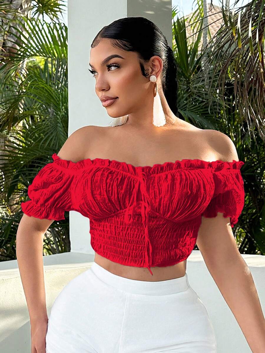 SHEIN SXY Holiday Summer Seaside Resort  One-Shoulder Women's T-Shirt With Puff Sleeves And Ruffles Tied In The Front