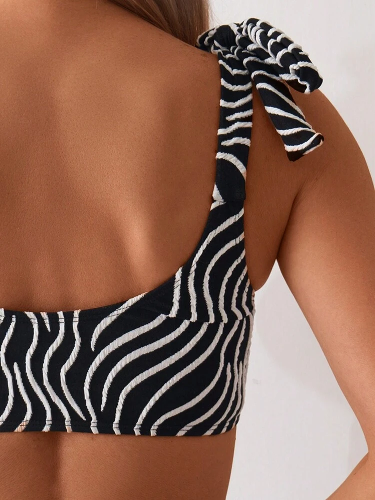 Summer Women Wave Striped Shoulder Knot Sexy Bikini Set For Vacation