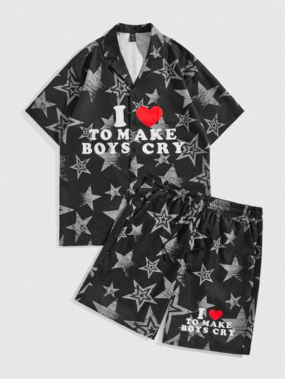 Street Life مجموعة قميص رجالي صيفي عاري الذراعين وشورت بطبعة نجمة وشعار