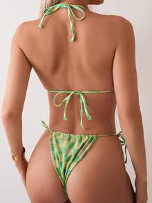 SHEIN Swim 女性性感熱帶植物印花露背時尚比基尼泳裝套裝，適用於度假 - 彩色 - 查看 2