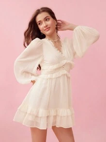 Enchnt Solid Colored Textured Dress With Ruffle And Lantern Sleeves Detail