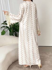 Al Najma 女式波西米亚风条纹印花拼布流苏休闲宽松长袖超长开衫，土耳其风格，朴素全长 Jalabiya，休闲长袖连衣裙 - 杏色 - 查看 2