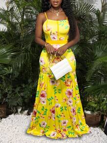 Slaydiva Vacation Leisure Floor Length Floral Printed Spaghetti Strap Dress