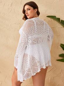 SHEIN Swim Curve 大尺碼女性實色簡約中空休閒和服 - 白色 - 查看 2