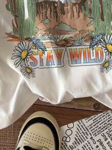 SHEIN Young Girl Casual Cartoon Landscape Print Short Sleeve T-Shirt, Suitable For Summer, Made Of Cotton