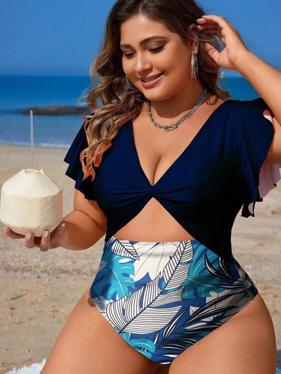 Swim Lushoire Plus Size Summer Beach Cutout Twist Front One-Piece Swimsuit With Random Tropical Printed - Navy Blue - View 1