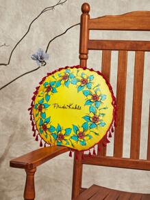 Frida Kahlo X SHEIN Character And Plant Printed Tassel Trim Round Shaped Throw Pillow - Multicolor - View 5