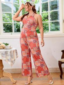 Dreamara Mono casual de talla grande con estampado de remiendo y espalda descubierta en estilo halter para vacaciones