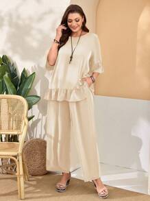 EMERY ROSE Áo kẻ sọc bèo nhún trơn cỡ lớn dành cho nữ và quần ống rộng màu xanh lá cây hai mảnh cho mùa xuân - Màu be - Xem 3
