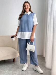 SHEIN Essnce Plus Size Women's Summer Casual Loose Blue Suit, Women's Summer Clothing, Women's Two-Piece Suit, Summer Dress, Curve Set,Work Women Shirts,Women Two Piece Sets,Casual Women Clothes,Mother Day Outfit,Teacher Shirts Set,Work Set,Outfit Sets,Two Piece Outfits