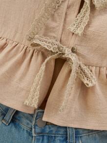 Soleia Ladies Romantic Casual Vacation Shirt With Apricot Lace Texture And Bow Tie Belt - Apricot - View 8