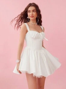 Enchnt Robe d'été à encolure carrée romantique et sexy en dentelle blanche, pour la remise des diplômes